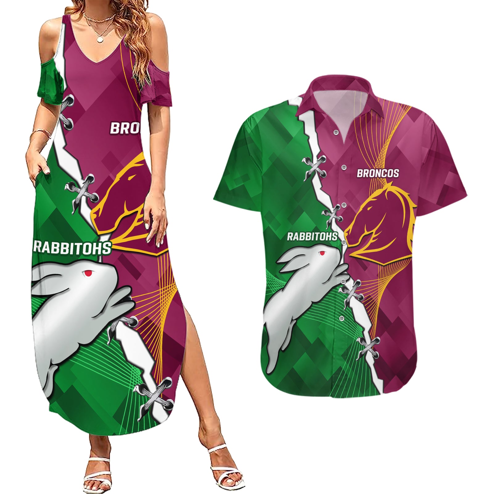 Personalised Broncos And Rabbitohs Couples Matching Summer Maxi Dress and Hawaiian Shirt 2024 Together Dynamic Style