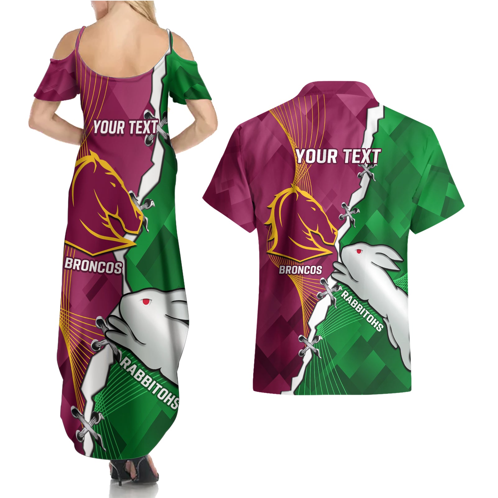 Personalised Broncos And Rabbitohs Couples Matching Summer Maxi Dress and Hawaiian Shirt 2024 Together Dynamic Style