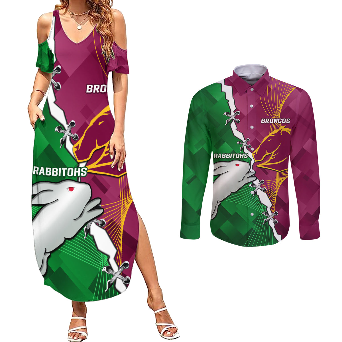 Personalised Broncos And Rabbitohs Couples Matching Summer Maxi Dress and Long Sleeve Button Shirt 2024 Together Dynamic Style