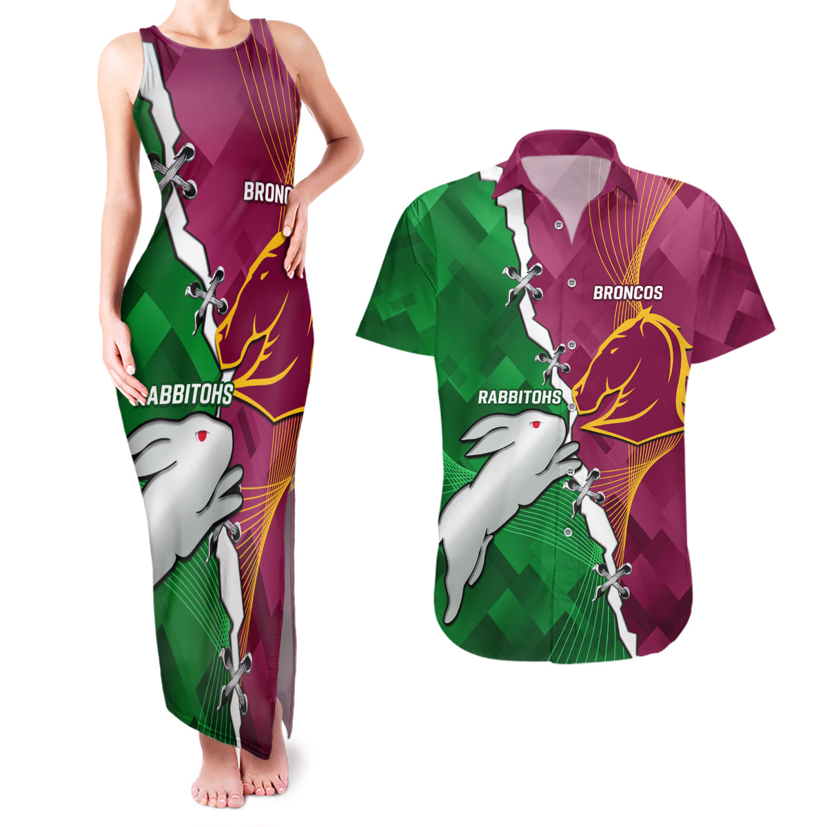 Personalised Broncos And Rabbitohs Couples Matching Tank Maxi Dress and Hawaiian Shirt 2024 Together Dynamic Style