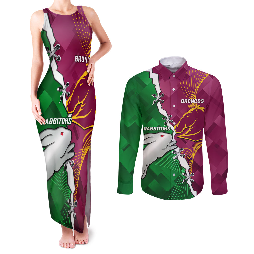 Personalised Broncos And Rabbitohs Couples Matching Tank Maxi Dress and Long Sleeve Button Shirt 2024 Together Dynamic Style