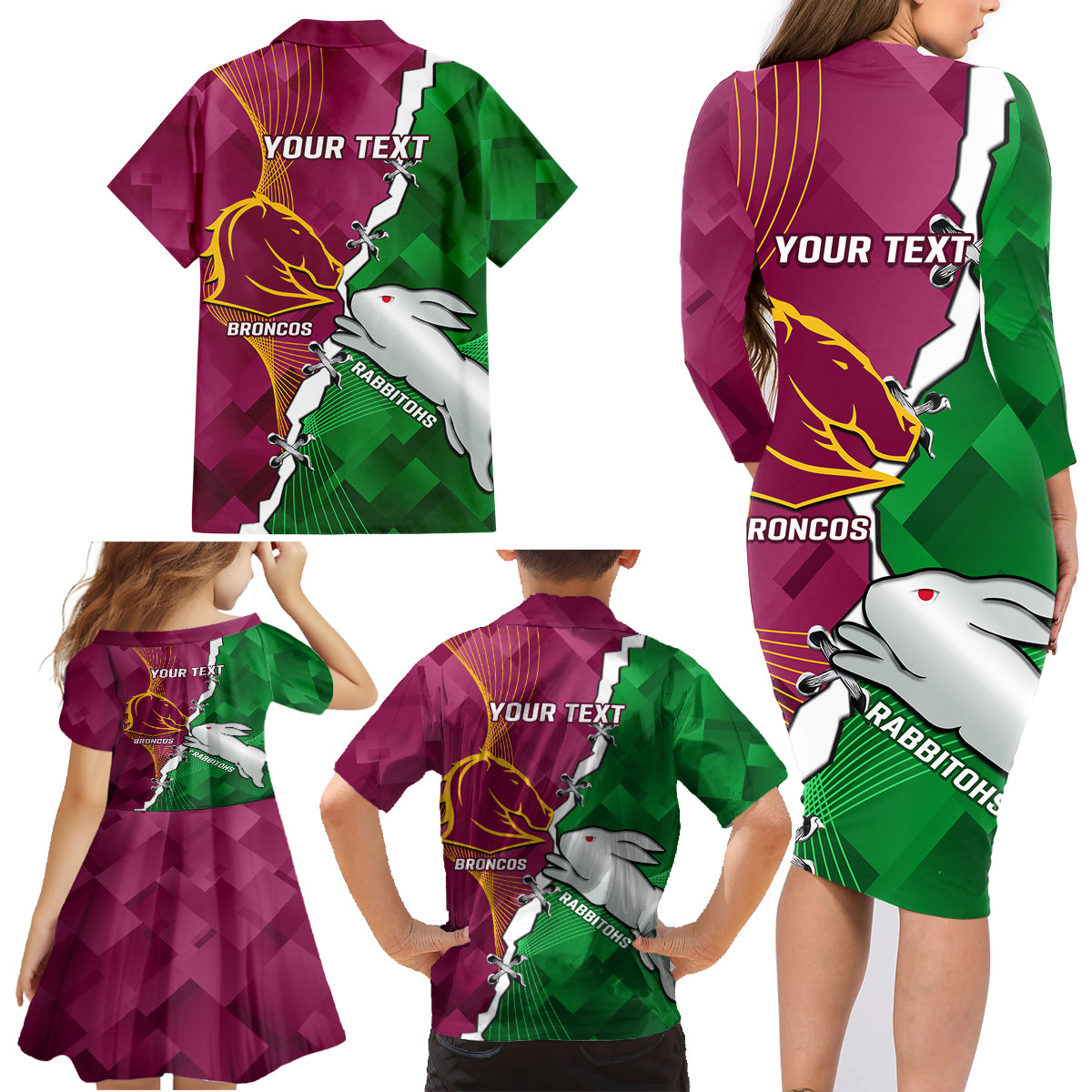 Personalised Broncos And Rabbitohs Family Matching Long Sleeve Bodycon Dress and Hawaiian Shirt 2024 Together Dynamic Style