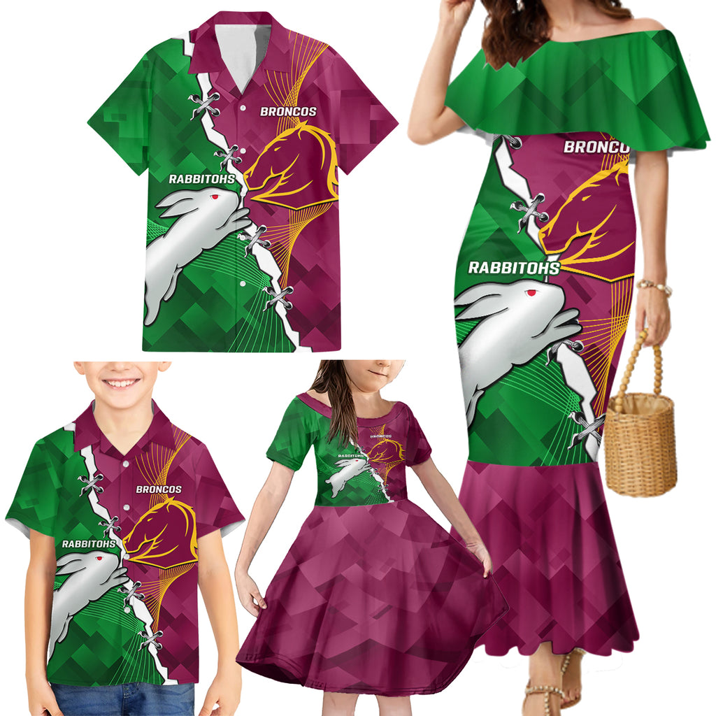 Personalised Broncos And Rabbitohs Family Matching Mermaid Dress and Hawaiian Shirt 2024 Together Dynamic Style