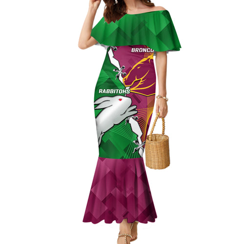 Personalised Broncos And Rabbitohs Family Matching Mermaid Dress and Hawaiian Shirt 2024 Together Dynamic Style