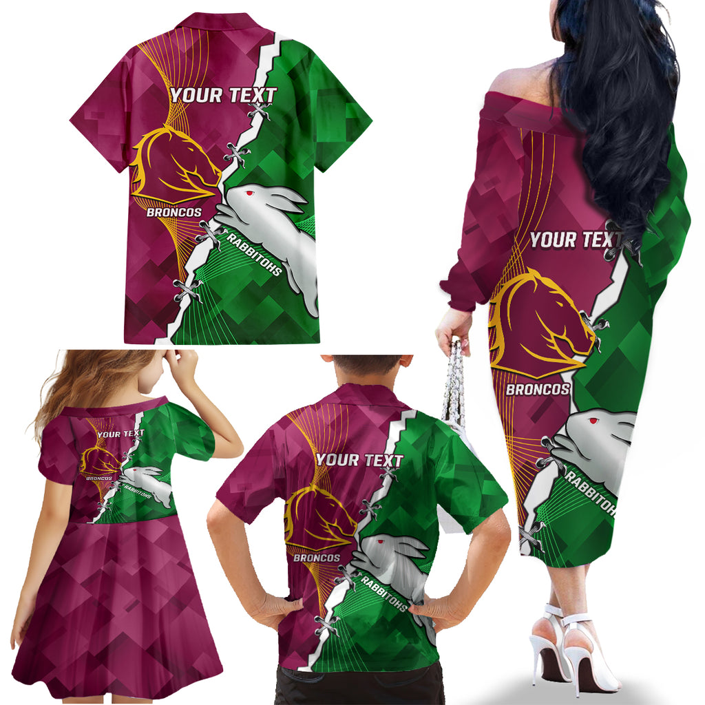 Personalised Broncos And Rabbitohs Family Matching Off Shoulder Long Sleeve Dress and Hawaiian Shirt 2024 Together Dynamic Style