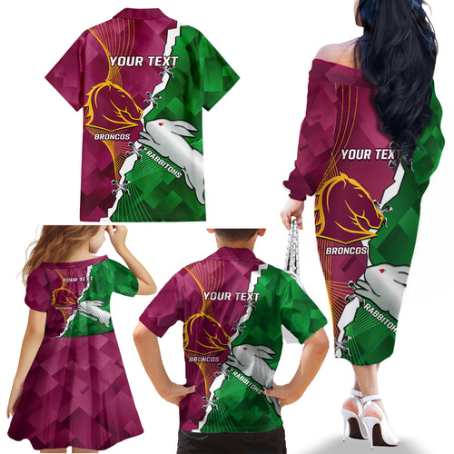 Personalised Broncos And Rabbitohs Family Matching Off Shoulder Long Sleeve Dress and Hawaiian Shirt 2024 Together Dynamic Style