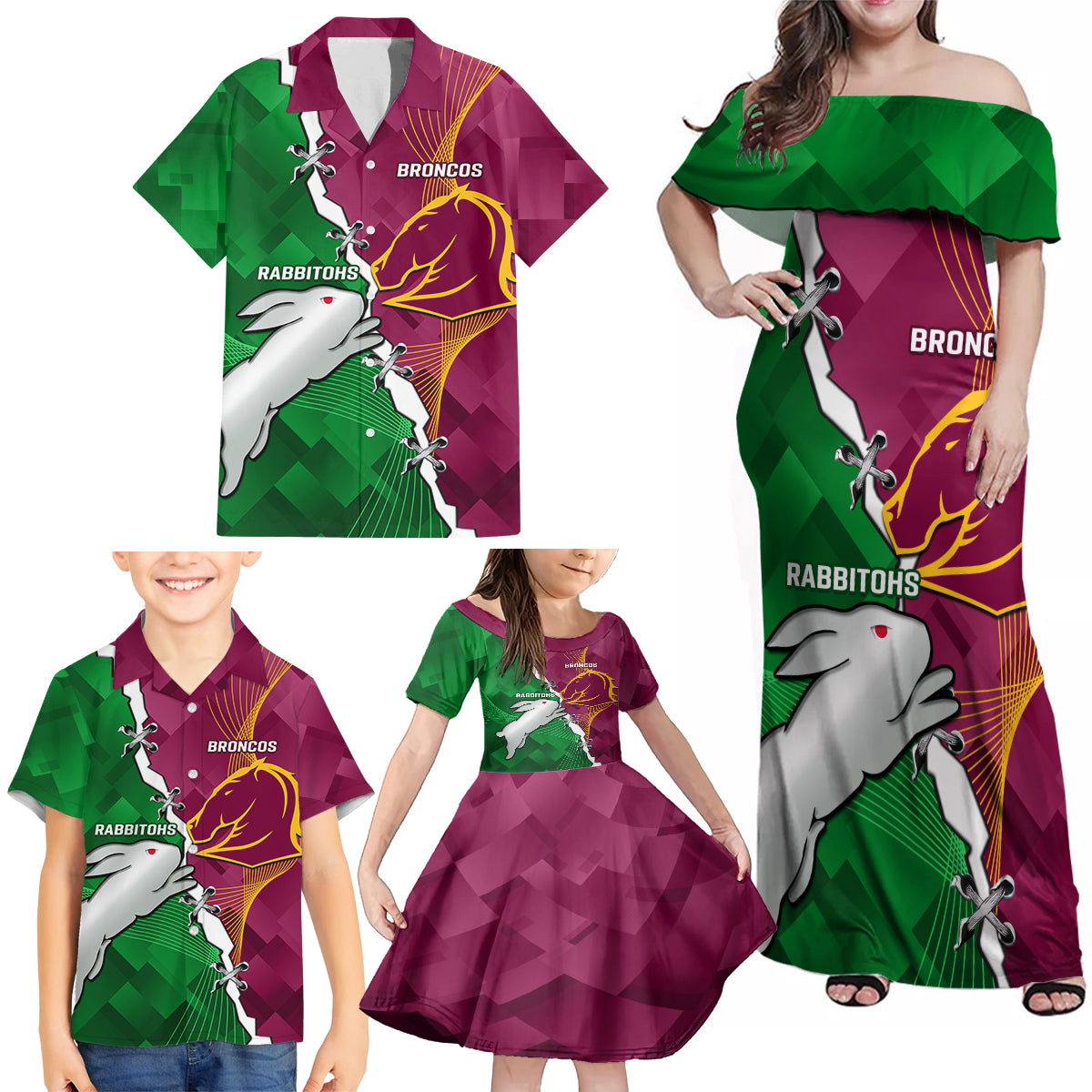 Personalised Broncos And Rabbitohs Family Matching Off Shoulder Maxi Dress and Hawaiian Shirt 2024 Together Dynamic Style