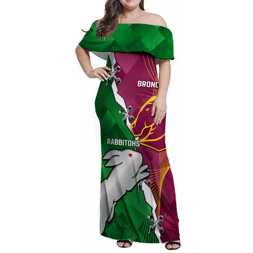 Personalised Broncos And Rabbitohs Family Matching Off Shoulder Maxi Dress and Hawaiian Shirt 2024 Together Dynamic Style