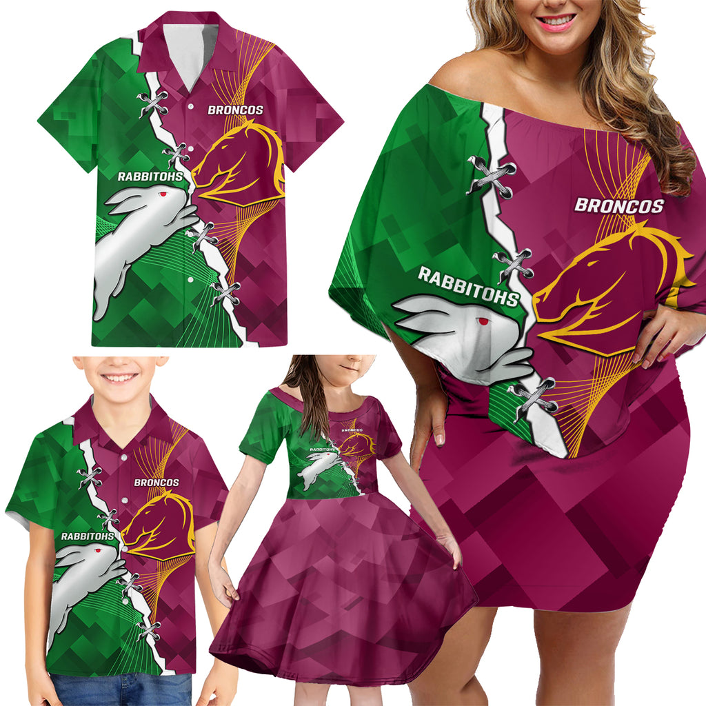 Personalised Broncos And Rabbitohs Family Matching Off Shoulder Short Dress and Hawaiian Shirt 2024 Together Dynamic Style