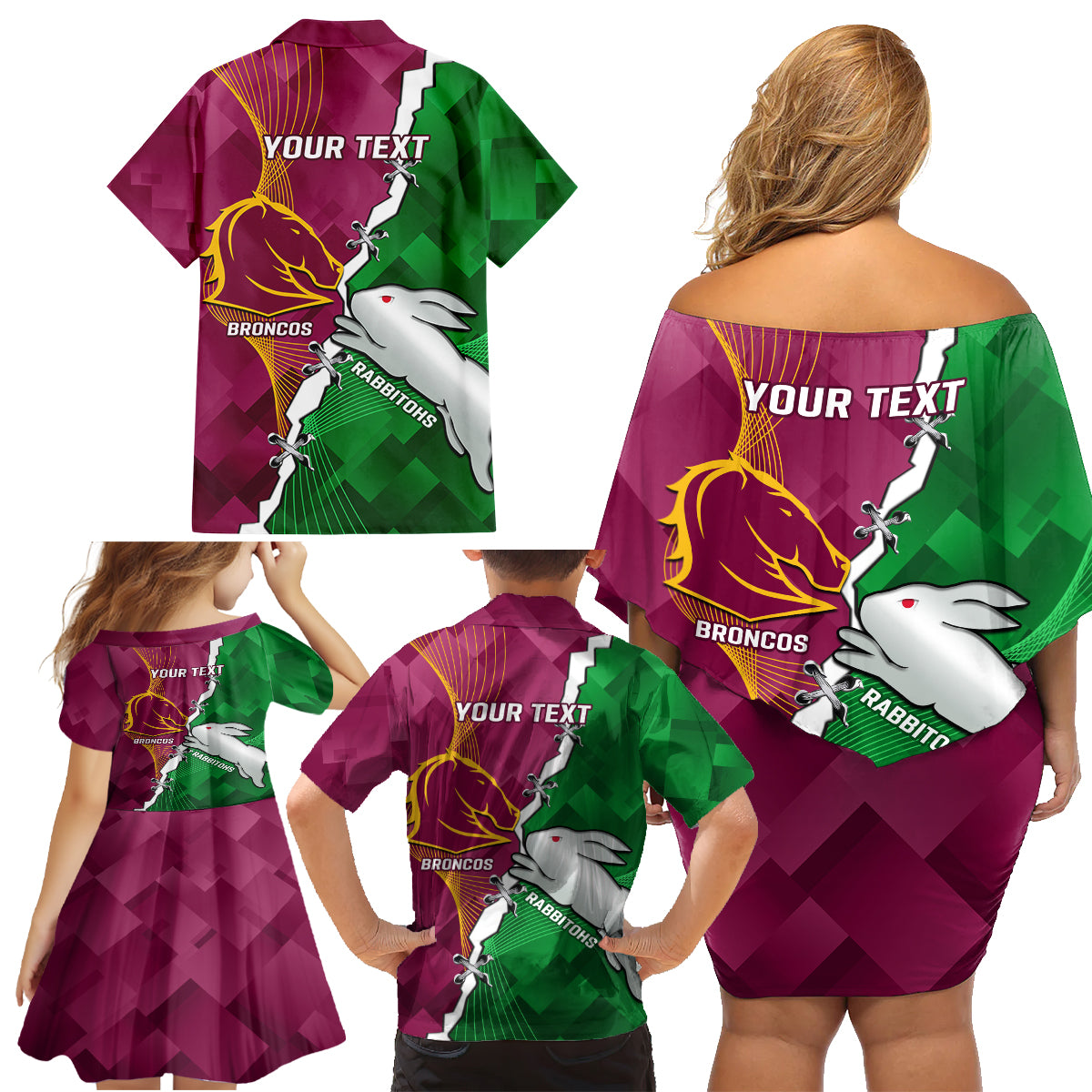 Personalised Broncos And Rabbitohs Family Matching Off Shoulder Short Dress and Hawaiian Shirt 2024 Together Dynamic Style