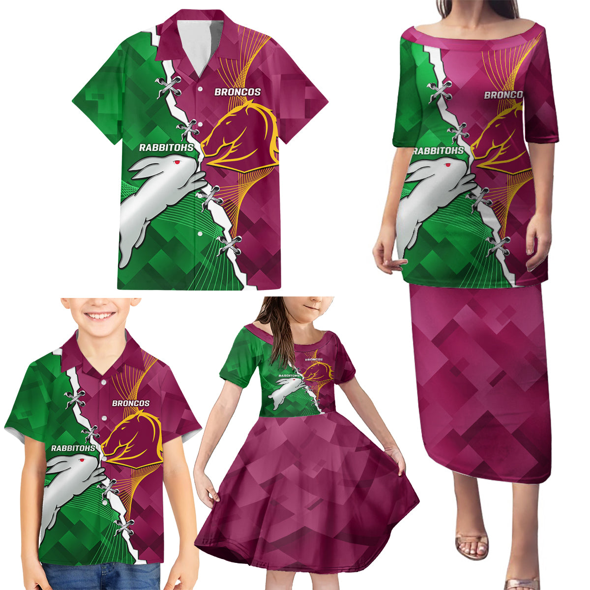 Personalised Broncos And Rabbitohs Family Matching Puletasi and Hawaiian Shirt 2024 Together Dynamic Style