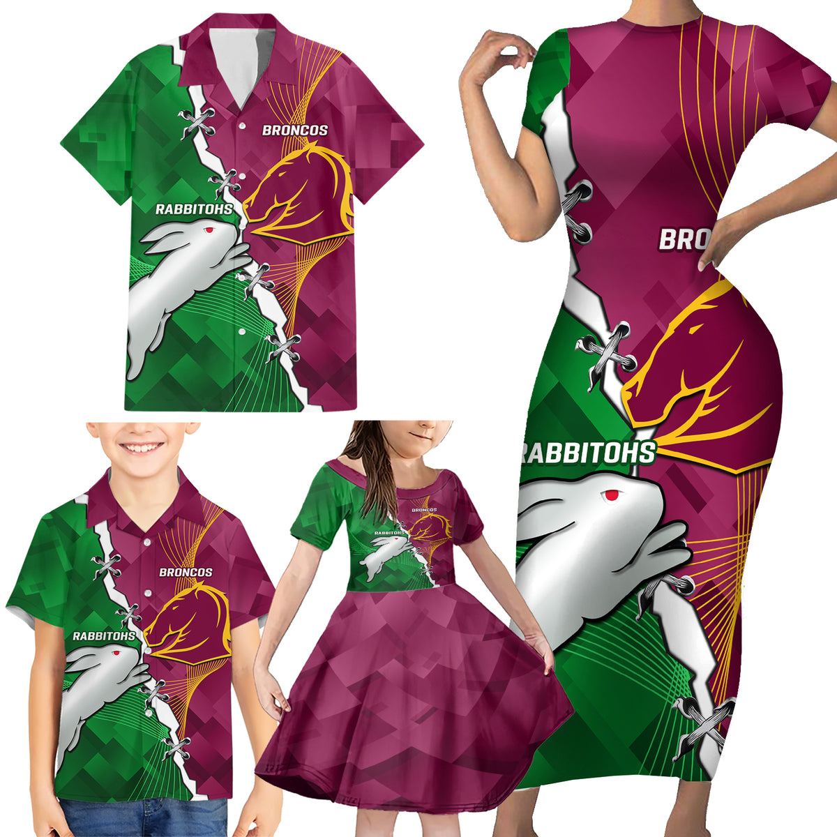 Personalised Broncos And Rabbitohs Family Matching Short Sleeve Bodycon Dress and Hawaiian Shirt 2024 Together Dynamic Style