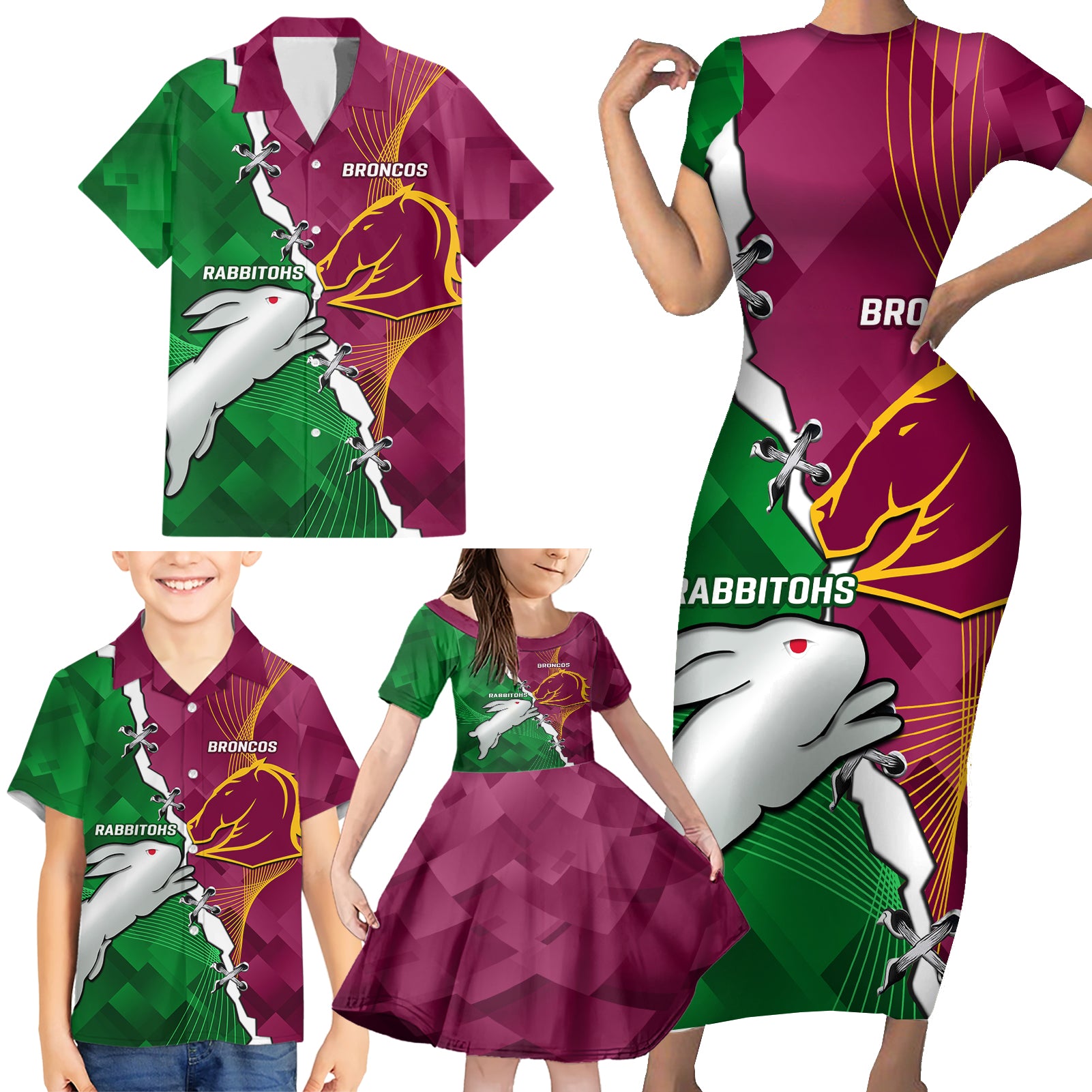 Personalised Broncos And Rabbitohs Family Matching Short Sleeve Bodycon Dress and Hawaiian Shirt 2024 Together Dynamic Style