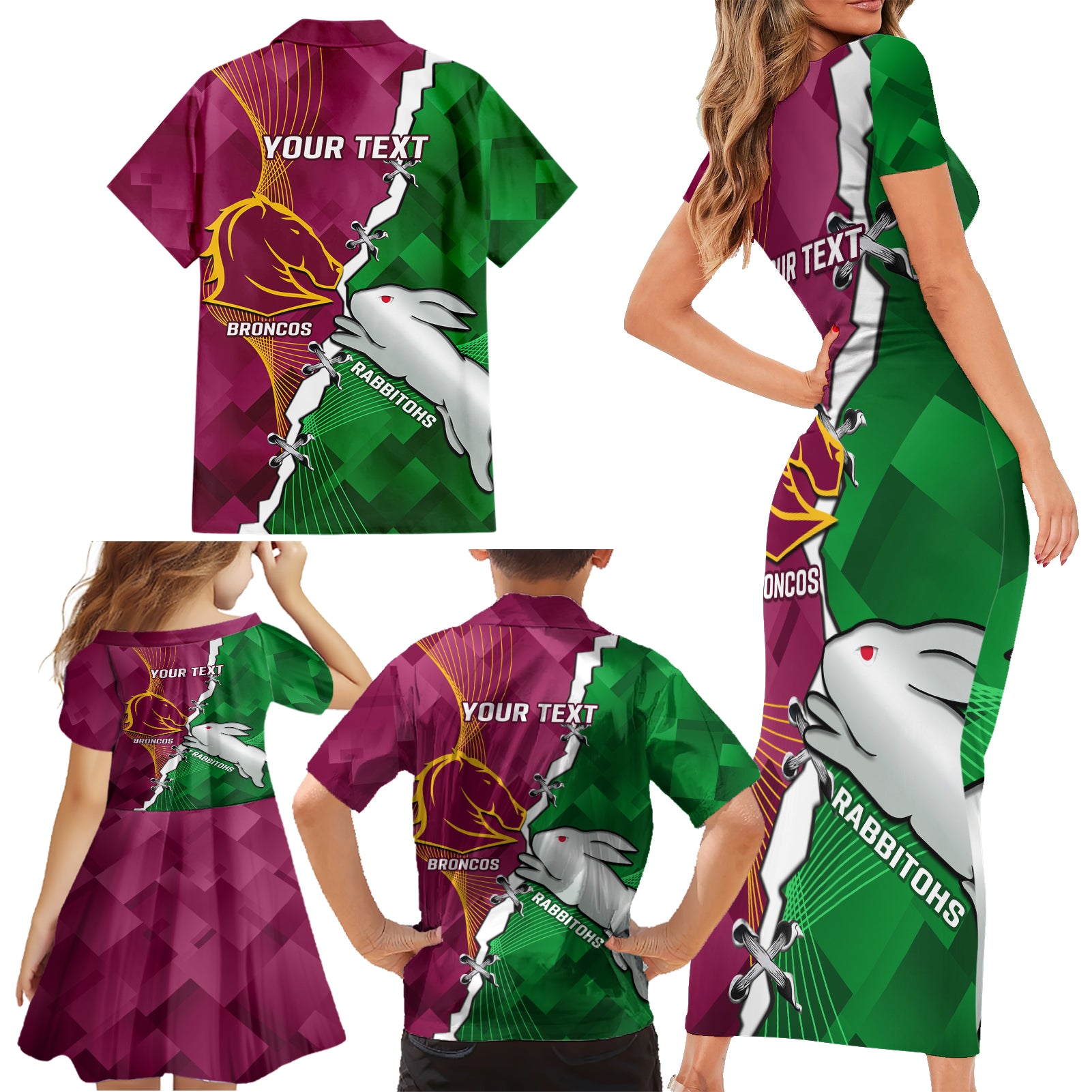 Personalised Broncos And Rabbitohs Family Matching Short Sleeve Bodycon Dress and Hawaiian Shirt 2024 Together Dynamic Style