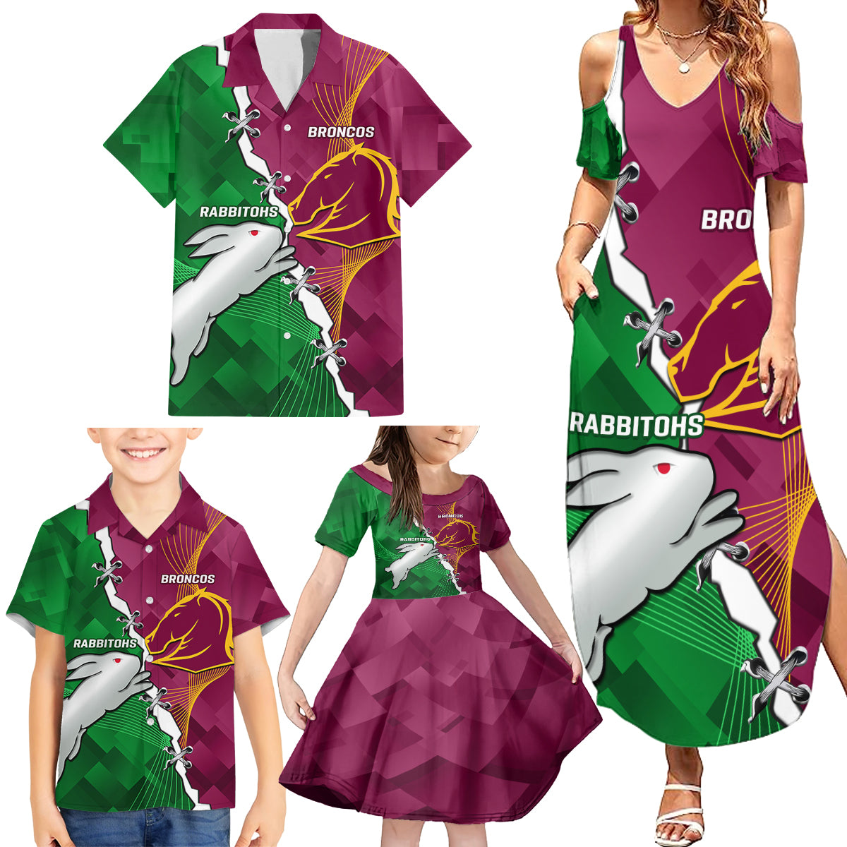 Personalised Broncos And Rabbitohs Family Matching Summer Maxi Dress and Hawaiian Shirt 2024 Together Dynamic Style