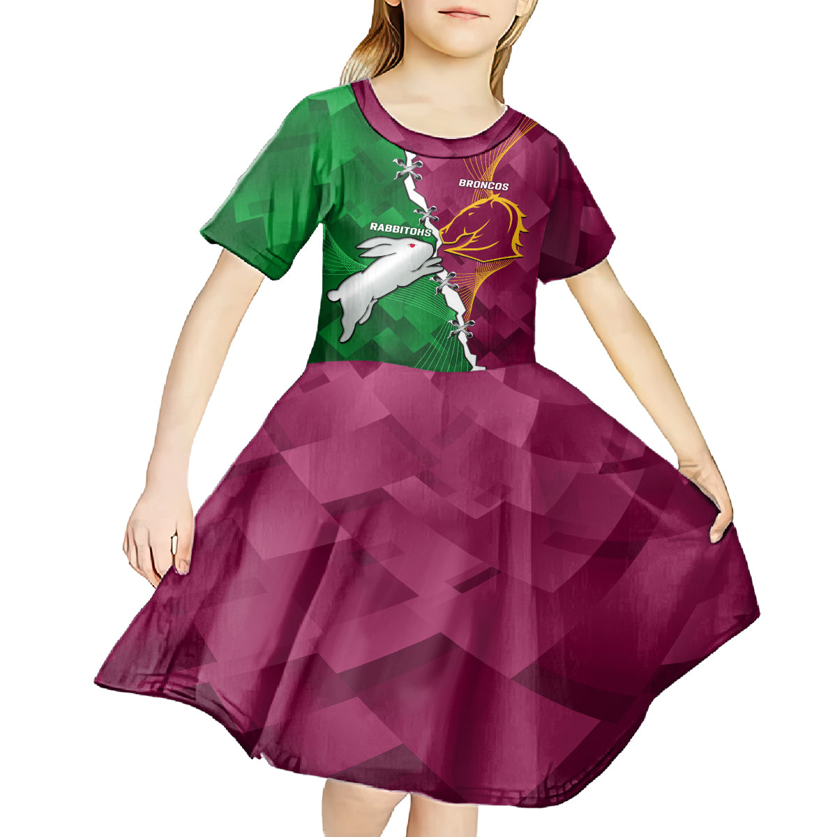 Personalised Broncos And Rabbitohs Kid Short Sleeve Dress 2024 Together Dynamic Style