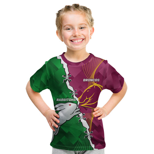 Personalised Broncos And Rabbitohs Kid T Shirt 2024 Together Dynamic Style