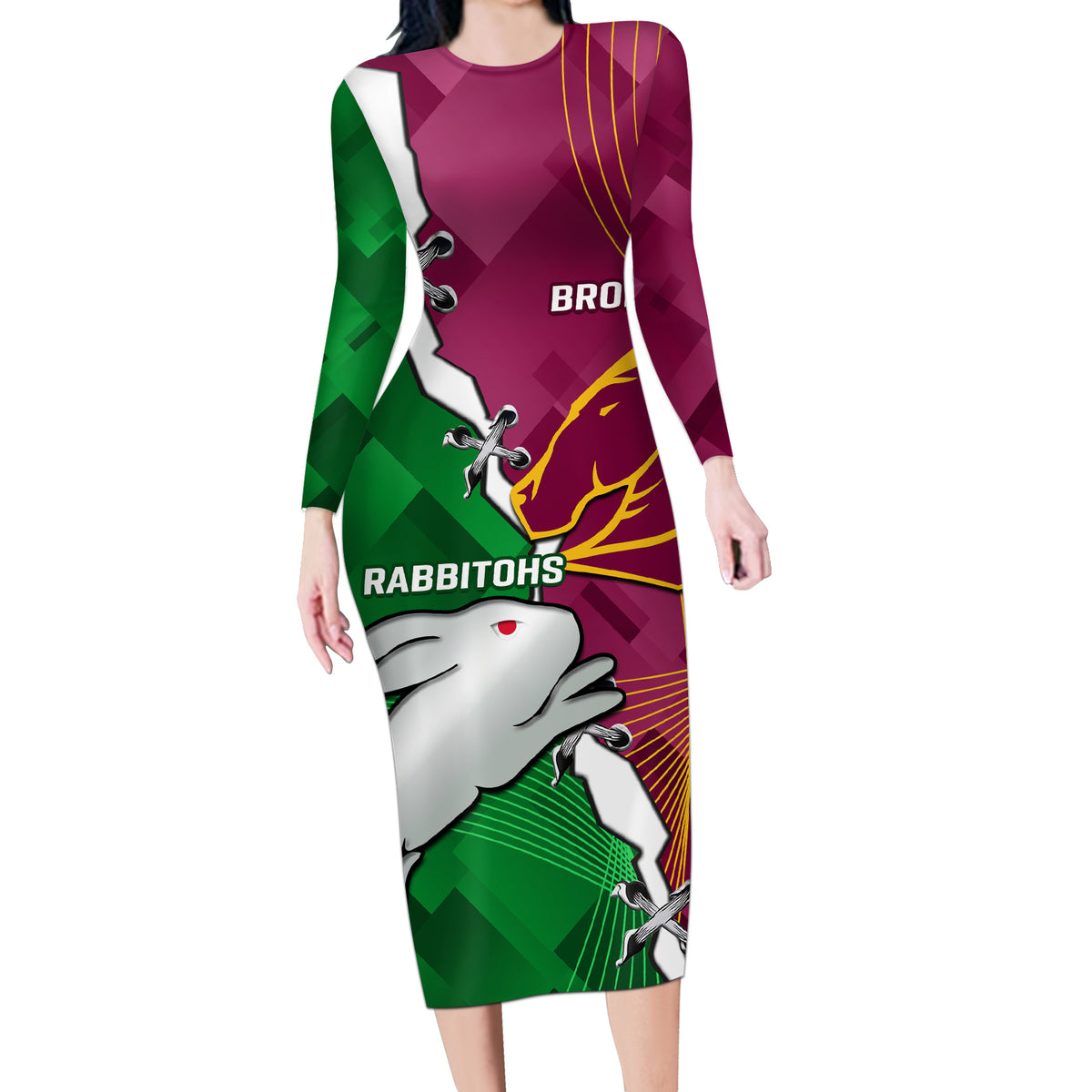 Personalised Broncos And Rabbitohs Long Sleeve Bodycon Dress 2024 Together Dynamic Style