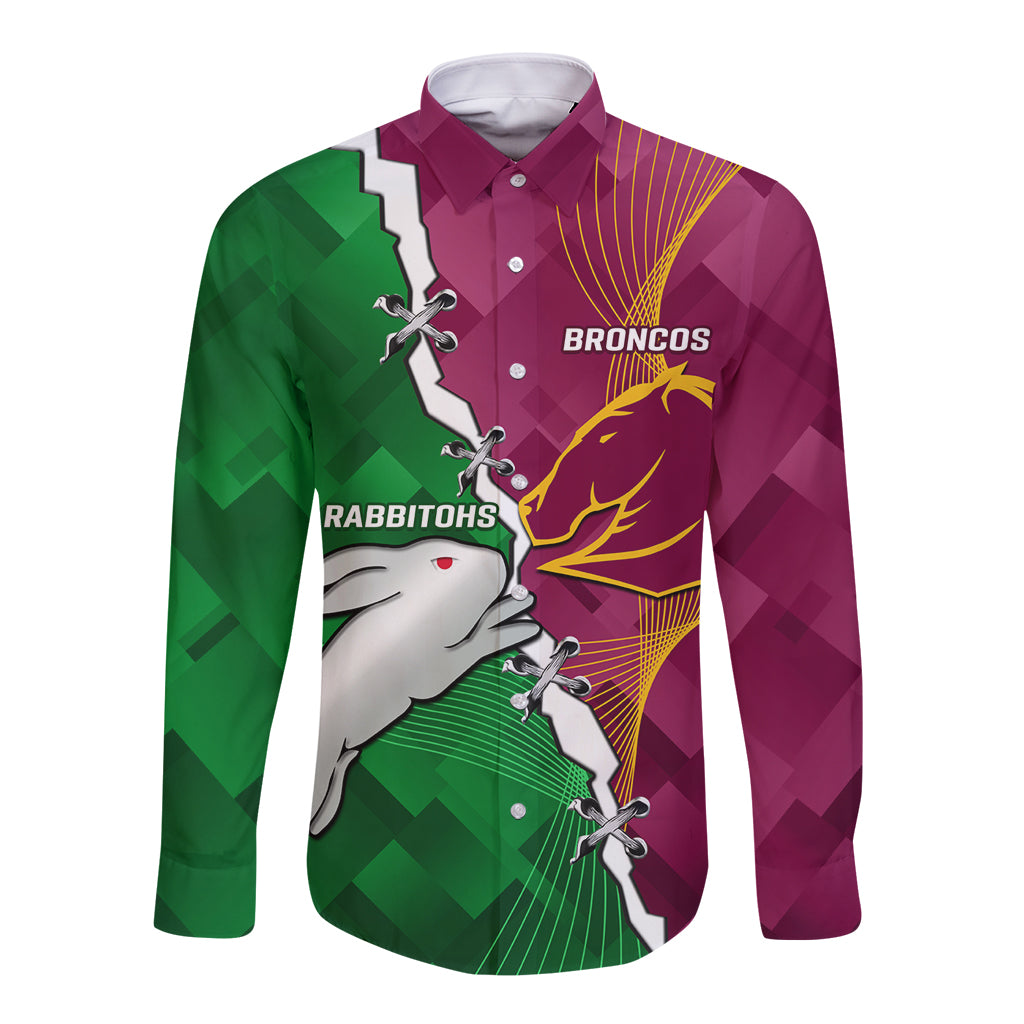 Personalised Broncos And Rabbitohs Long Sleeve Button Shirt 2024 Together Dynamic Style