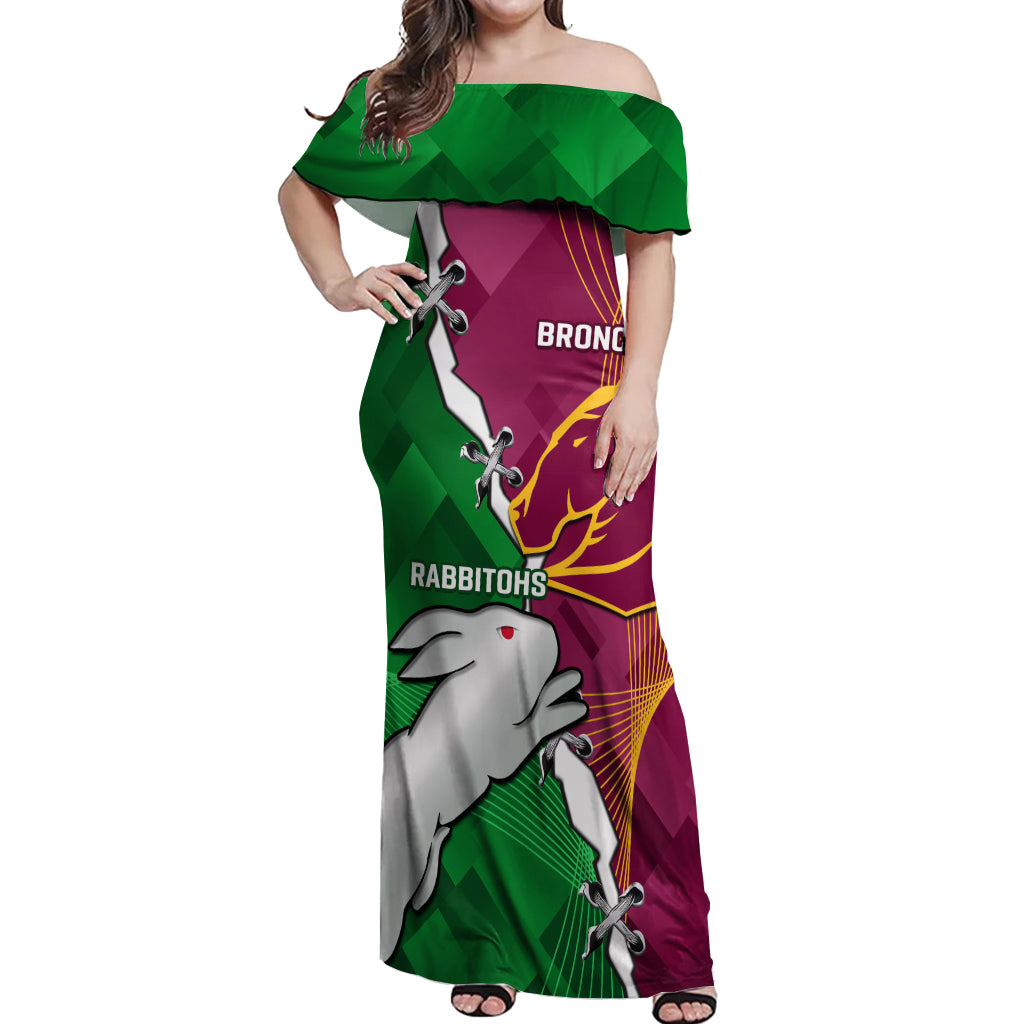 Personalised Broncos And Rabbitohs Off Shoulder Maxi Dress 2024 Together Dynamic Style