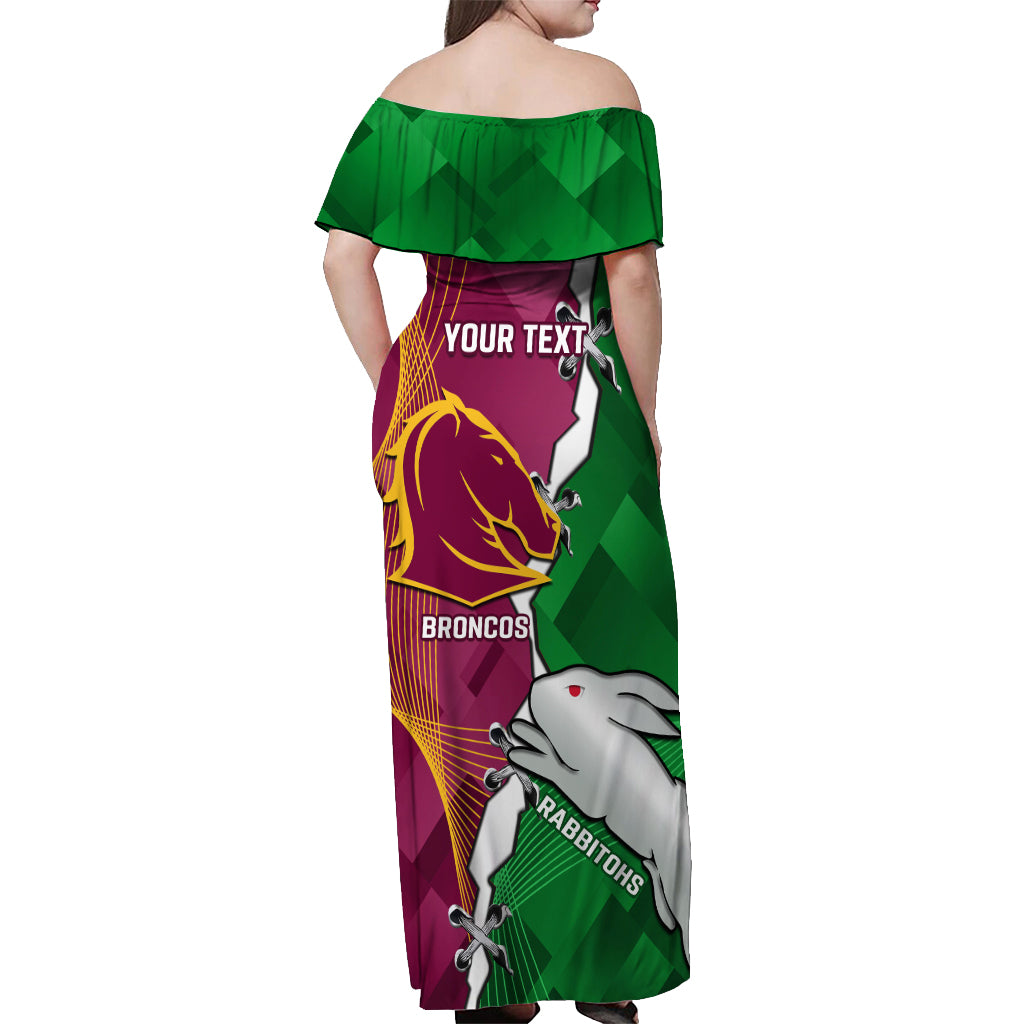 Personalised Broncos And Rabbitohs Off Shoulder Maxi Dress 2024 Together Dynamic Style