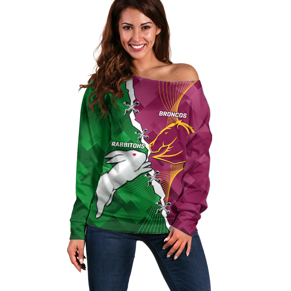 Personalised Broncos And Rabbitohs Off Shoulder Sweater 2024 Together Dynamic Style