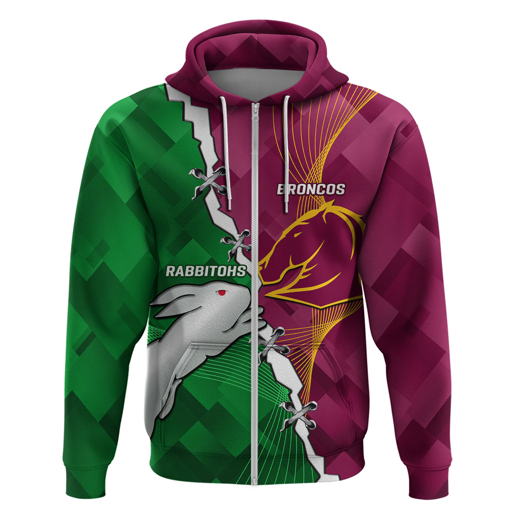 Personalised Broncos And Rabbitohs Zip Hoodie 2024 Together Dynamic Style