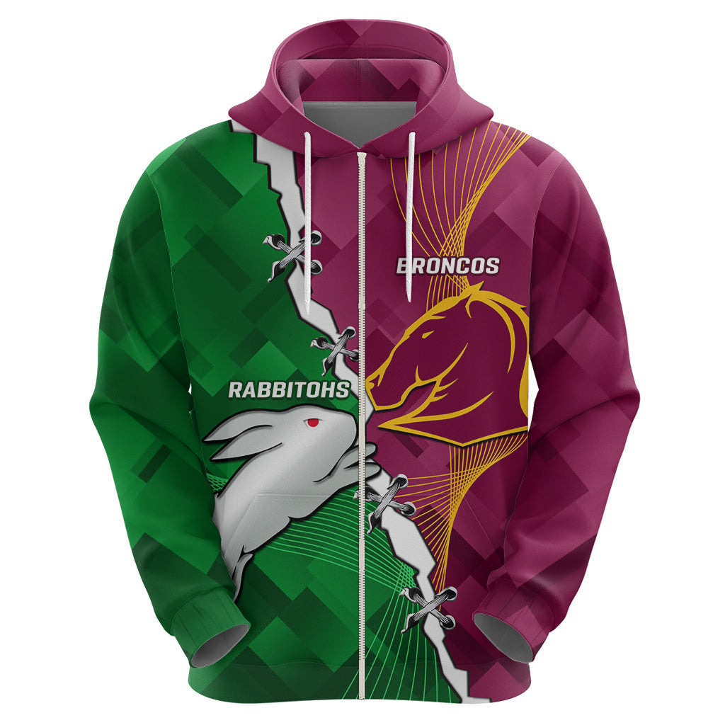 Personalised Broncos And Rabbitohs Zip Hoodie 2024 Together Dynamic Style