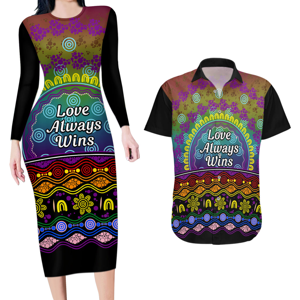Australia LGBT History Month Couples Matching Long Sleeve Bodycon Dress and Hawaiian Shirt Love Always Wins Aboriginal