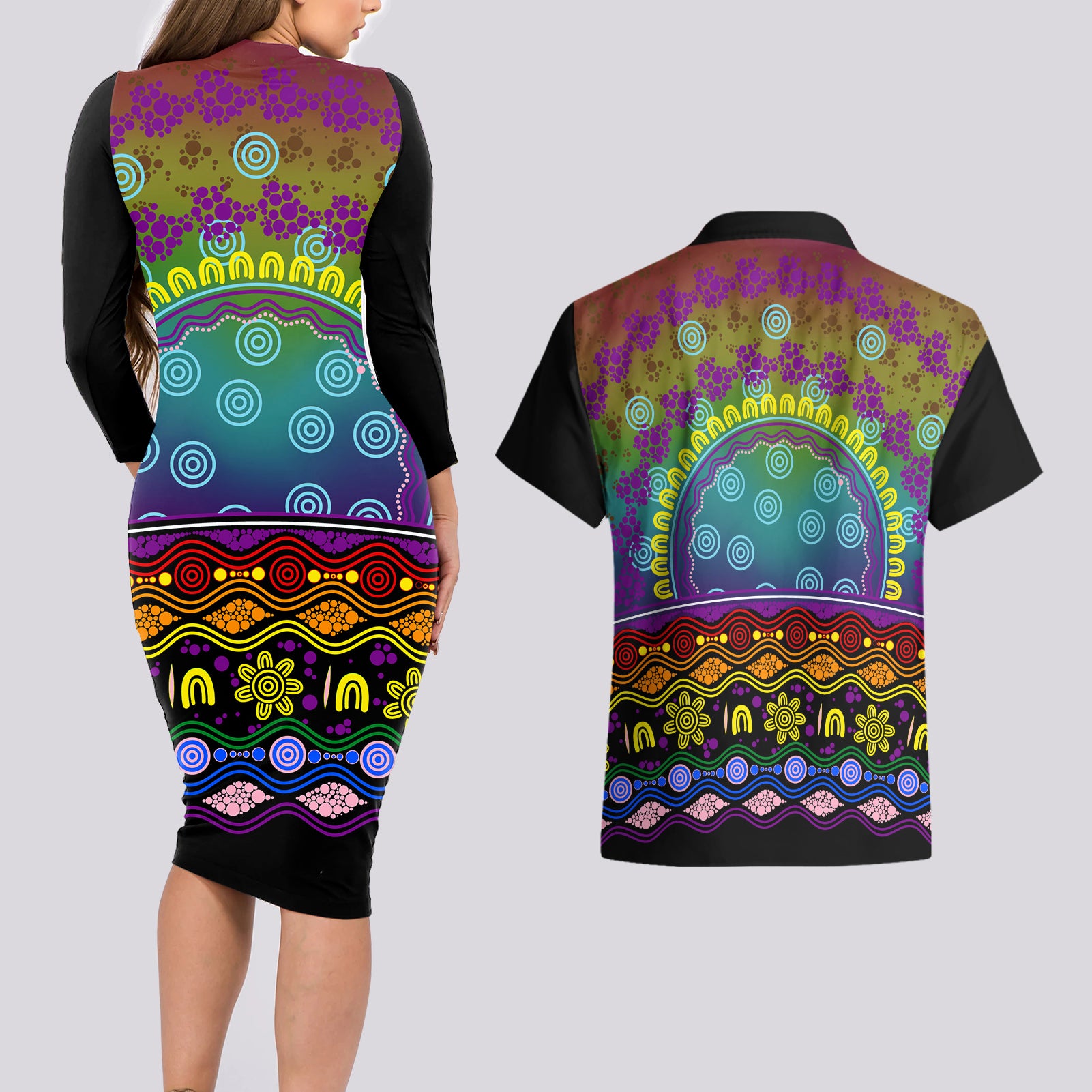 Australia LGBT History Month Couples Matching Long Sleeve Bodycon Dress and Hawaiian Shirt Love Always Wins Aboriginal