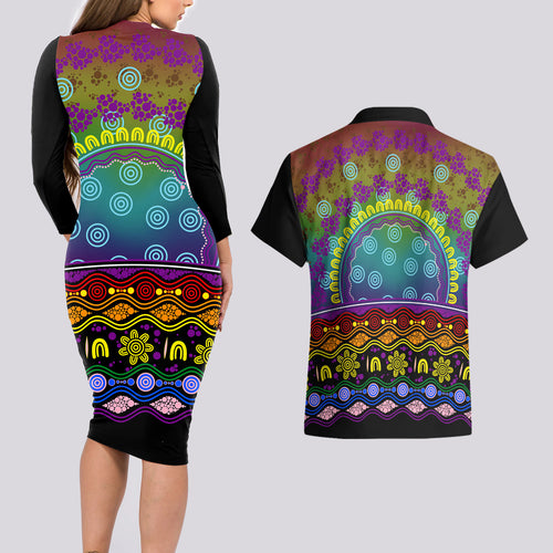 Australia LGBT History Month Couples Matching Long Sleeve Bodycon Dress and Hawaiian Shirt Love Always Wins Aboriginal