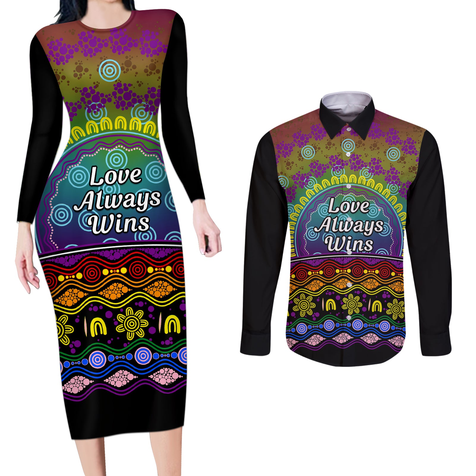 Australia LGBT History Month Couples Matching Long Sleeve Bodycon Dress and Long Sleeve Button Shirt Love Always Wins Aboriginal