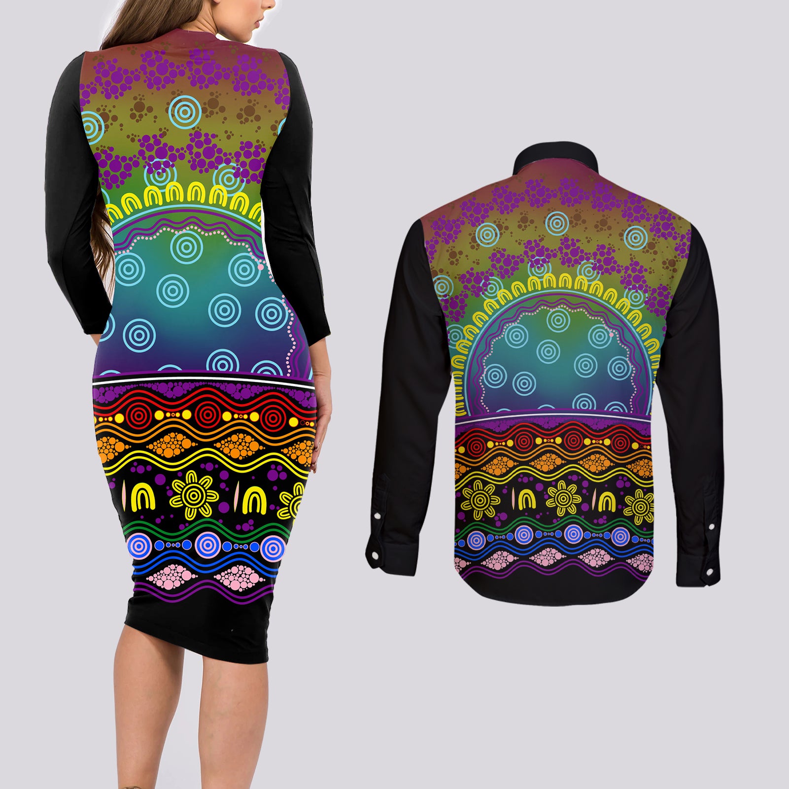 Australia LGBT History Month Couples Matching Long Sleeve Bodycon Dress and Long Sleeve Button Shirt Love Always Wins Aboriginal