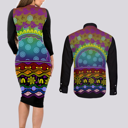 Australia LGBT History Month Couples Matching Long Sleeve Bodycon Dress and Long Sleeve Button Shirt Love Always Wins Aboriginal
