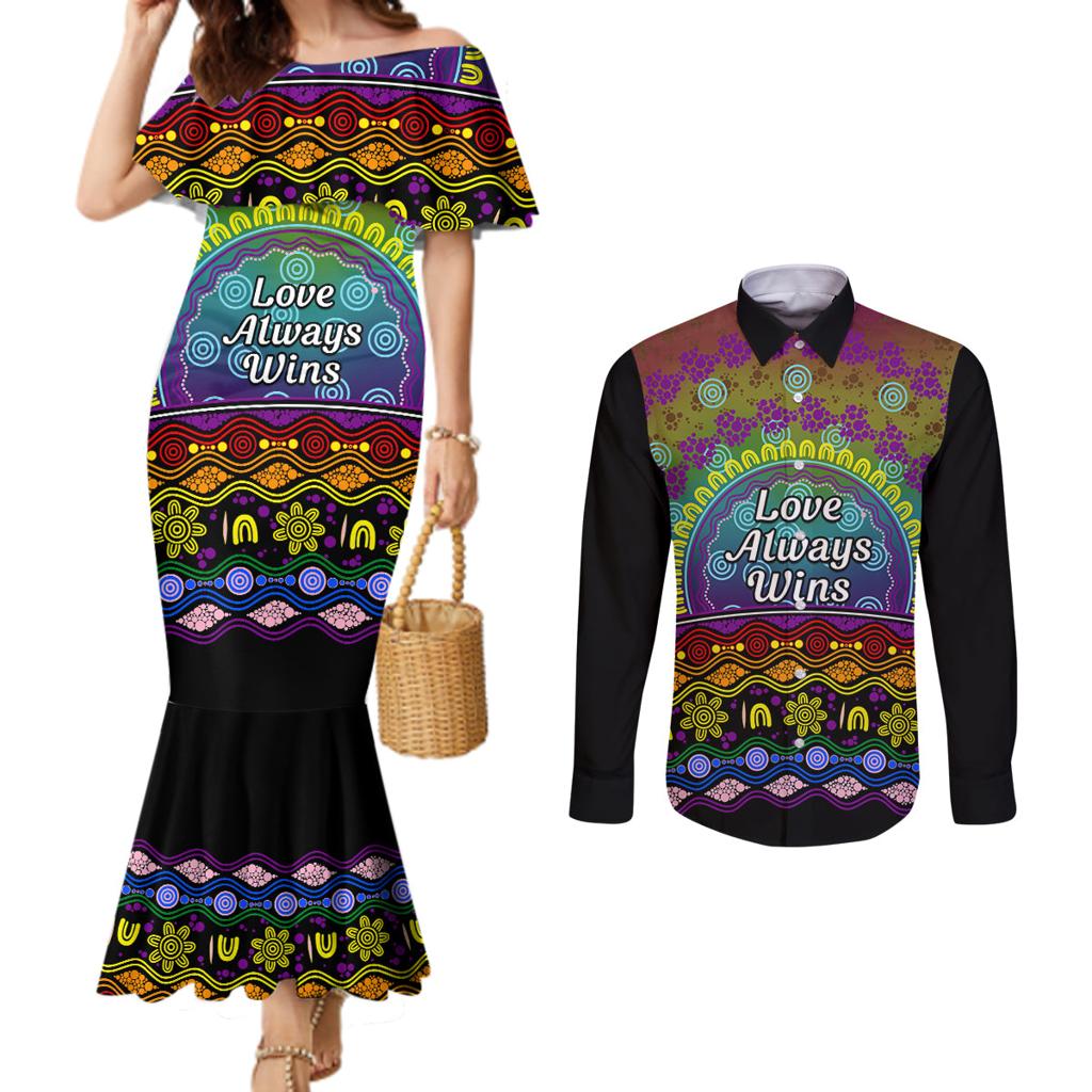 Australia LGBT History Month Couples Matching Mermaid Dress and Long Sleeve Button Shirt Love Always Wins Aboriginal