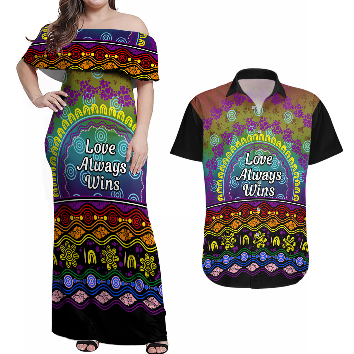 Australia LGBT History Month Couples Matching Off Shoulder Maxi Dress and Hawaiian Shirt Love Always Wins Aboriginal