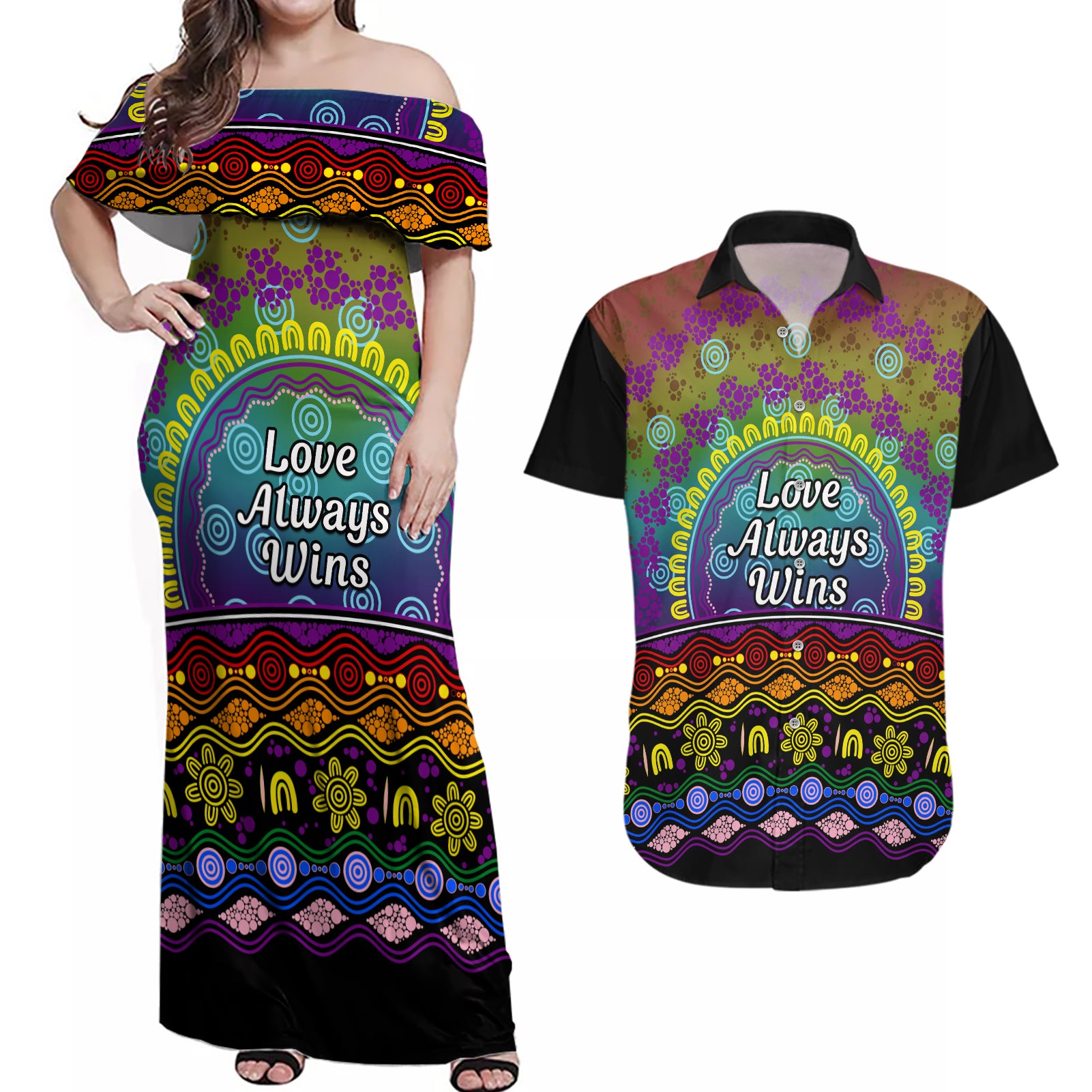Australia LGBT History Month Couples Matching Off Shoulder Maxi Dress and Hawaiian Shirt Love Always Wins Aboriginal