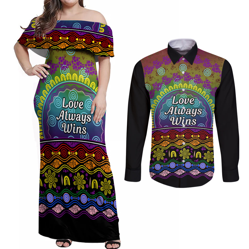 Australia LGBT History Month Couples Matching Off Shoulder Maxi Dress and Long Sleeve Button Shirt Love Always Wins Aboriginal