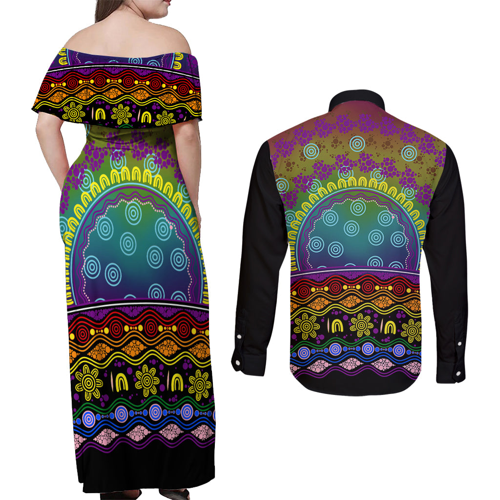 Australia LGBT History Month Couples Matching Off Shoulder Maxi Dress and Long Sleeve Button Shirt Love Always Wins Aboriginal