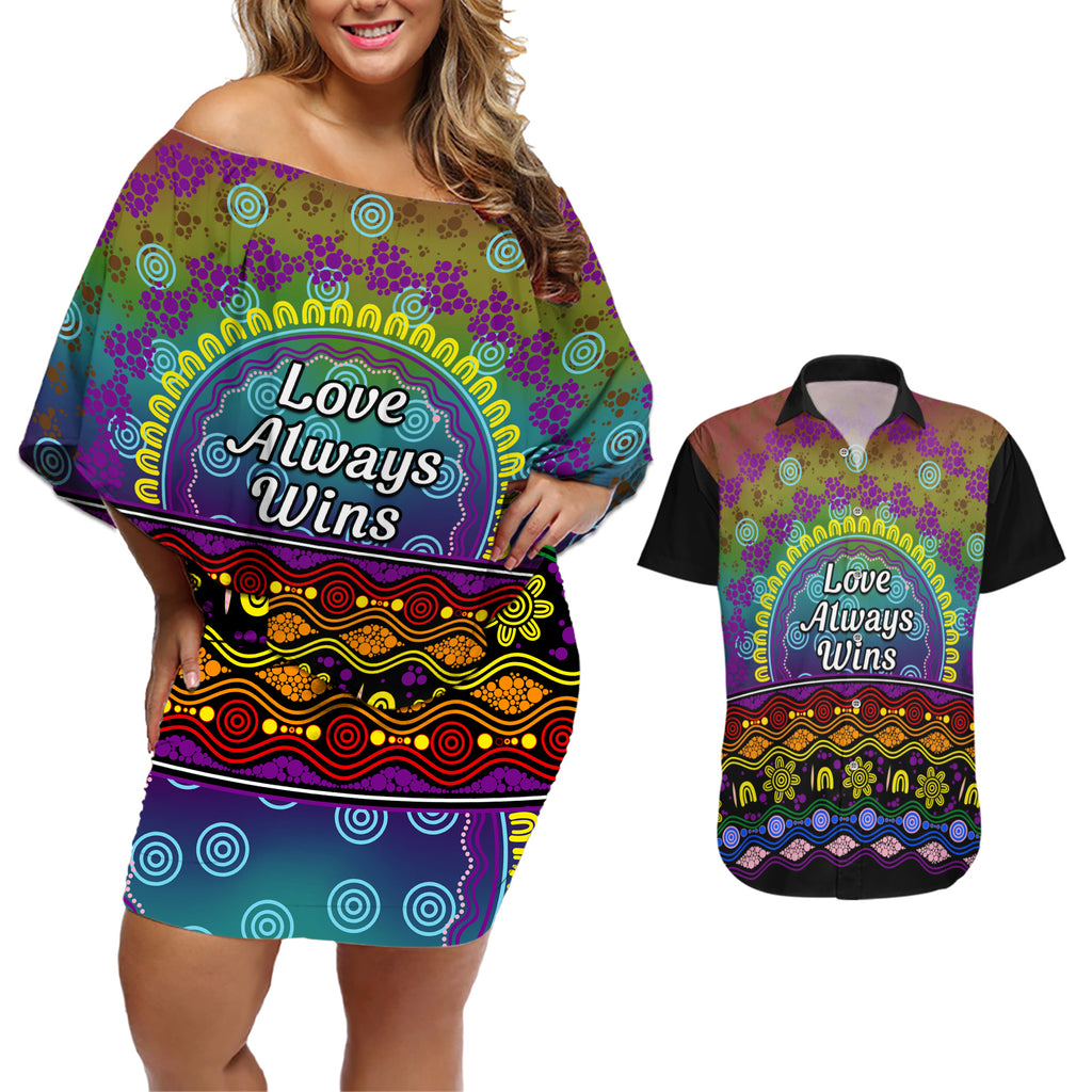 Australia LGBT History Month Couples Matching Off Shoulder Short Dress and Hawaiian Shirt Love Always Wins Aboriginal