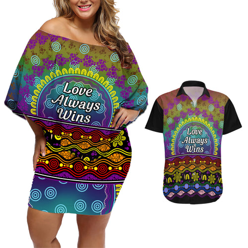 Australia LGBT History Month Couples Matching Off Shoulder Short Dress and Hawaiian Shirt Love Always Wins Aboriginal