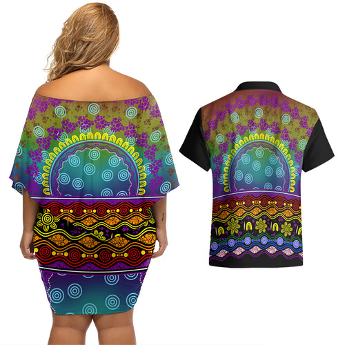 Australia LGBT History Month Couples Matching Off Shoulder Short Dress and Hawaiian Shirt Love Always Wins Aboriginal