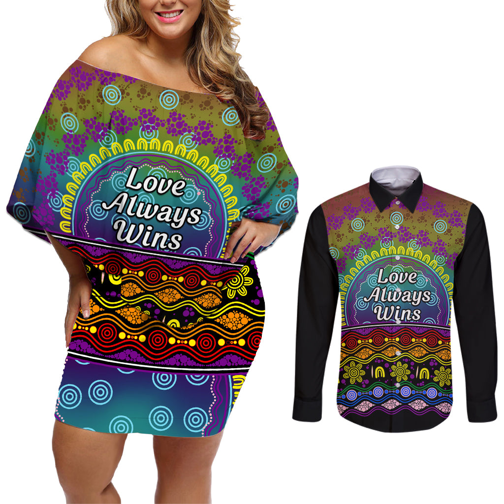 Australia LGBT History Month Couples Matching Off Shoulder Short Dress and Long Sleeve Button Shirt Love Always Wins Aboriginal