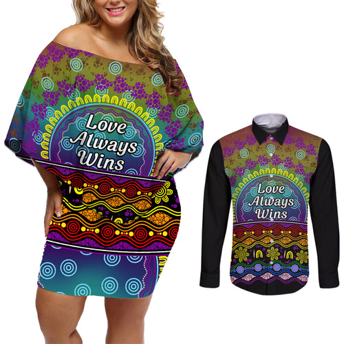 Australia LGBT History Month Couples Matching Off Shoulder Short Dress and Long Sleeve Button Shirt Love Always Wins Aboriginal