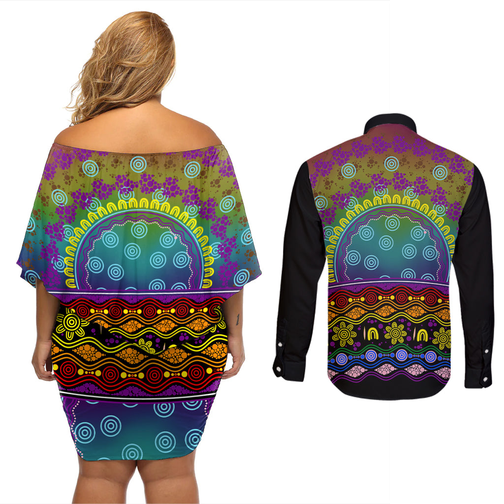 Australia LGBT History Month Couples Matching Off Shoulder Short Dress and Long Sleeve Button Shirt Love Always Wins Aboriginal