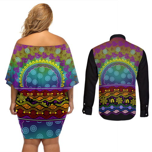 Australia LGBT History Month Couples Matching Off Shoulder Short Dress and Long Sleeve Button Shirt Love Always Wins Aboriginal