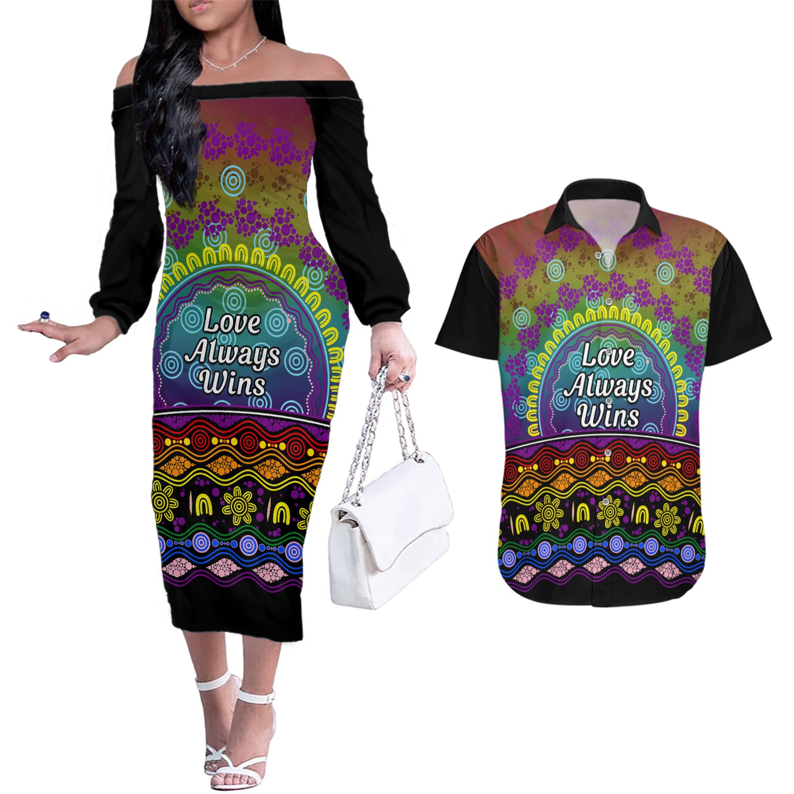 Australia LGBT History Month Couples Matching Off The Shoulder Long Sleeve Dress and Hawaiian Shirt Love Always Wins Aboriginal