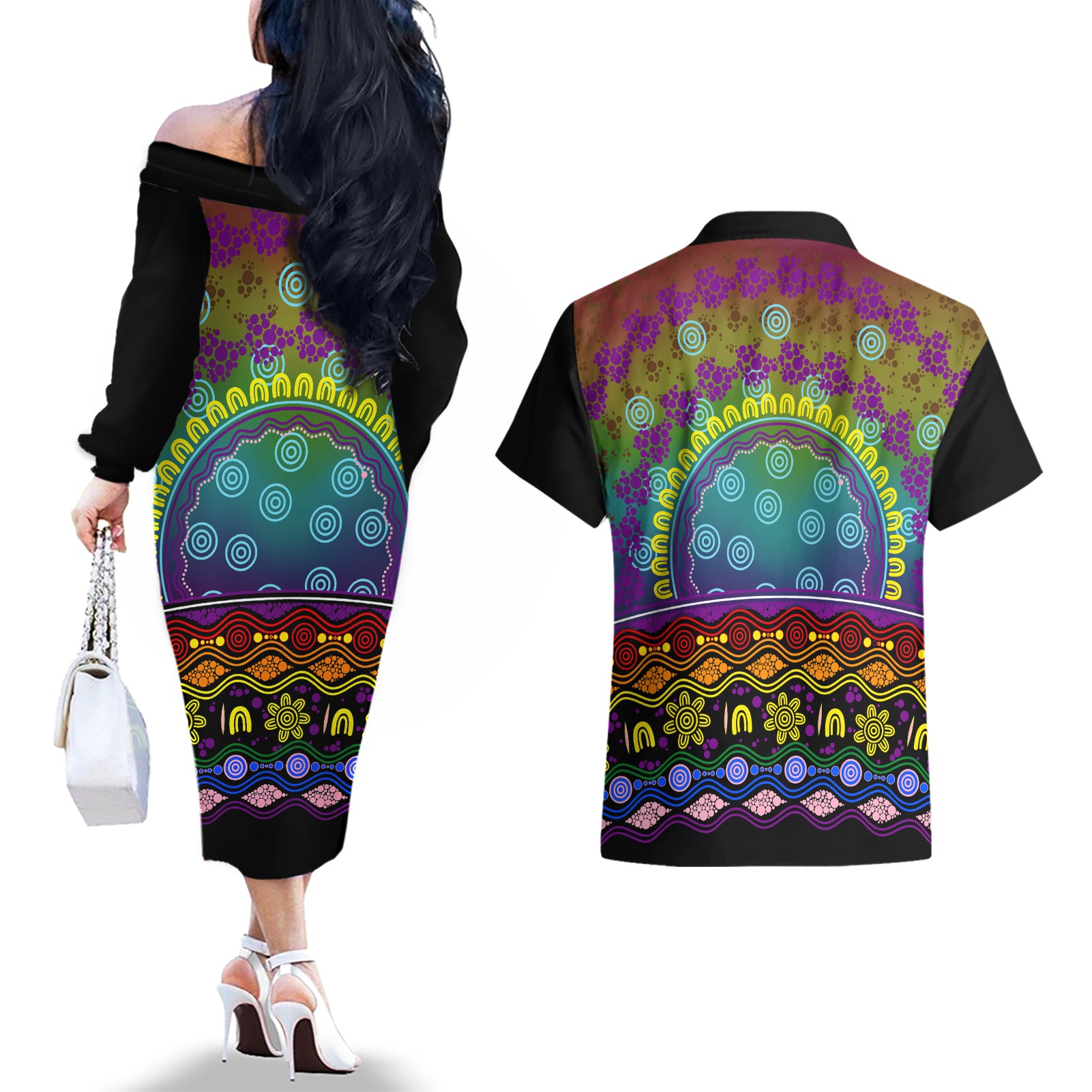 Australia LGBT History Month Couples Matching Off The Shoulder Long Sleeve Dress and Hawaiian Shirt Love Always Wins Aboriginal