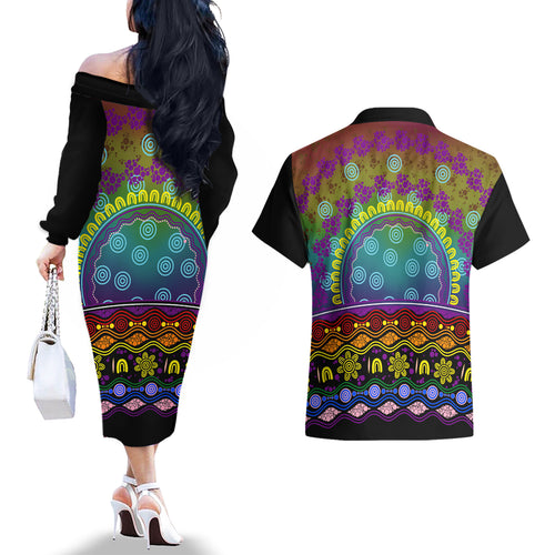 Australia LGBT History Month Couples Matching Off The Shoulder Long Sleeve Dress and Hawaiian Shirt Love Always Wins Aboriginal