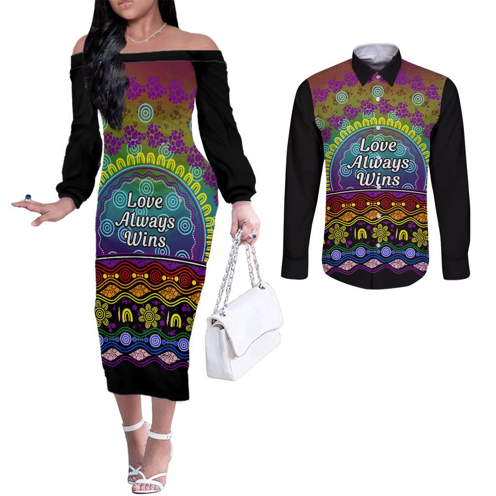 Australia LGBT History Month Couples Matching Off The Shoulder Long Sleeve Dress and Long Sleeve Button Shirt Love Always Wins Aboriginal